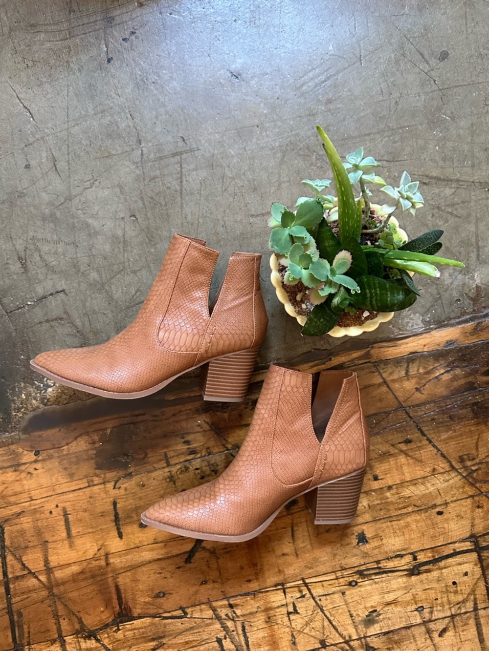 Cognac Textured Pointed Ankle Booties with Block Heel